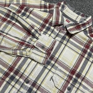 Levi's Plaid Flannel Shirt Men's Size L Beige Burgundy Gray Long Sleeve Cotton